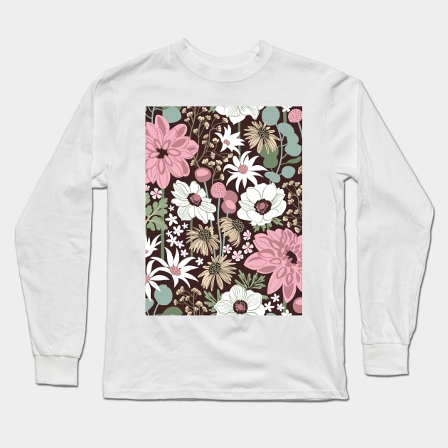 Boho garden // pattern // expresso brown background sage green cotton candy pink dry rose ivory and white flowers Long Sleeve T-Shirt by SelmaCardoso